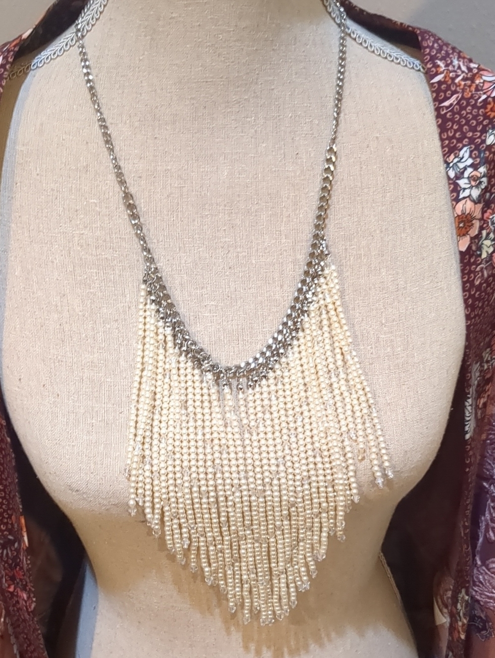 Premier Designs Silver Chain Fringe Necklace with Cream Bead Tassels